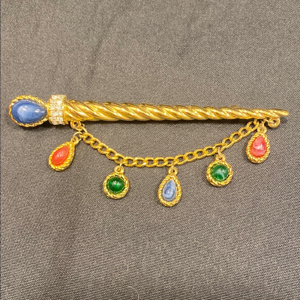 Vintage Trifari Jeweled Dangling Brooch Elegant Gold and Multicolor